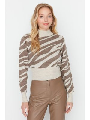 Womens Mink Brown and White Animal Print Sweater (Trendyol)