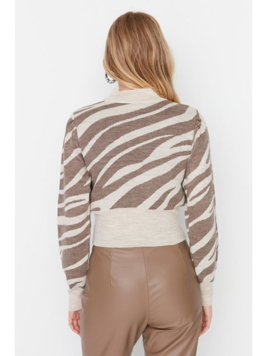 Womens Mink Brown and White Animal Print Sweater (Trendyol)
