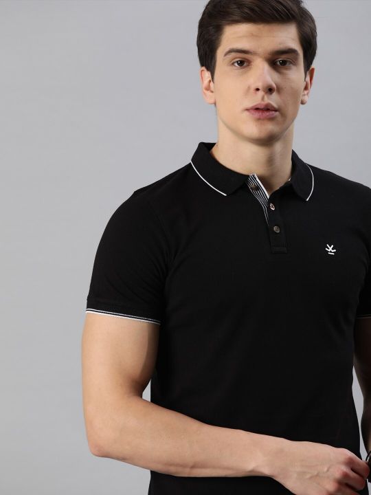 WROGN Men Black Solid Polo Collar Pure Cotton T-shirt
