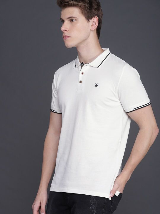 WROGN Men White Slim Fit Polo Collar Cotton Pure Cotton T-shirt