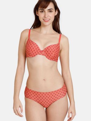 Zellij Dreams Push Up Wired Medium Coverage Bra With Hipster Panty - Spiced Coral