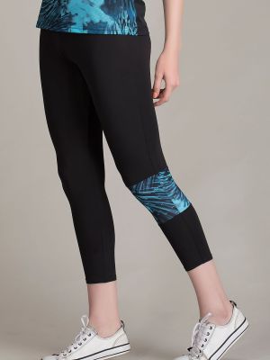Active Capri Tights with Printed Panel & Waistband Zipper in Black