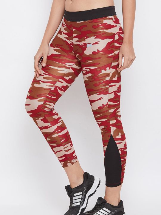Camouflage Print Activewear Ankle-Length Tights in Maroon