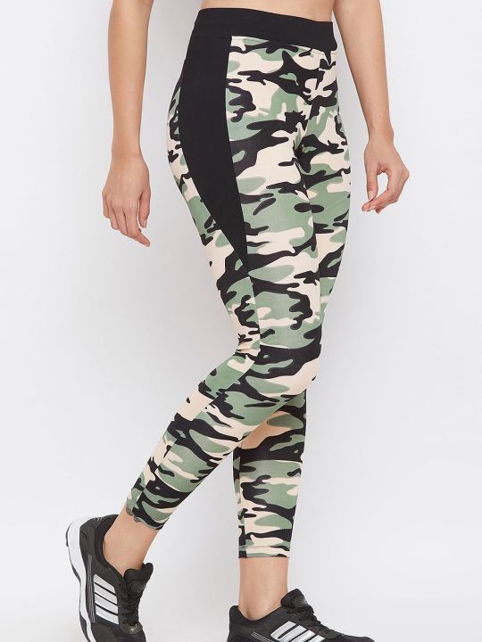 Camouflage Print Activewear Ankle-Length Tights in Moss Green