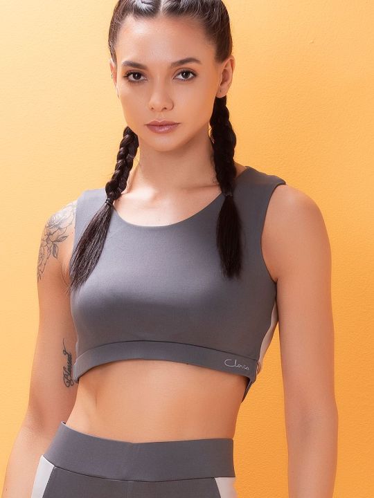 Comfort-Fit Active Colourblock Active Crop Top in Ash Grey with Cut-Out Detail on Back