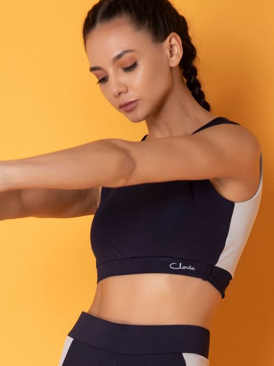 Comfort-Fit Active Colourblock Active Crop Top in Navy with Cut-Out Detail on Back