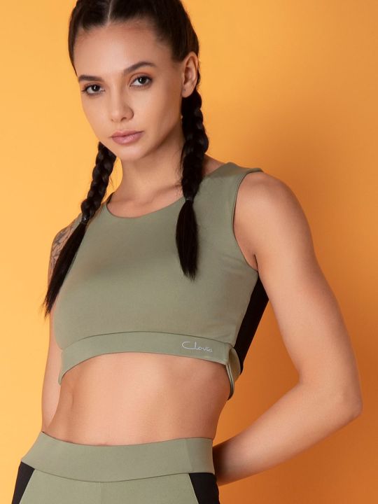 Comfort-Fit Active Colourblock Active Crop Top in Sage Green with Cut-Out Detail on Back
