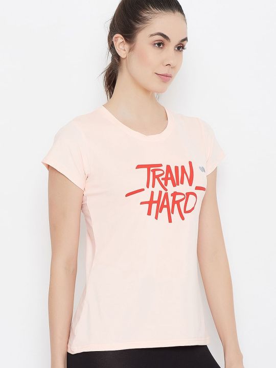 Comfort Fit Active Text Print T-shirt in Peach - Cotton Rich