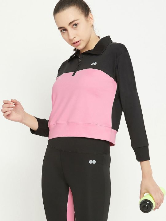 Comfort-Fit Active Zipper Top in Black with Pink Panels