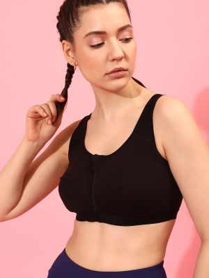 High Impact Lightly Padded Spacer Cup Active Sports Bra in Black with Front Zipper - Cotton