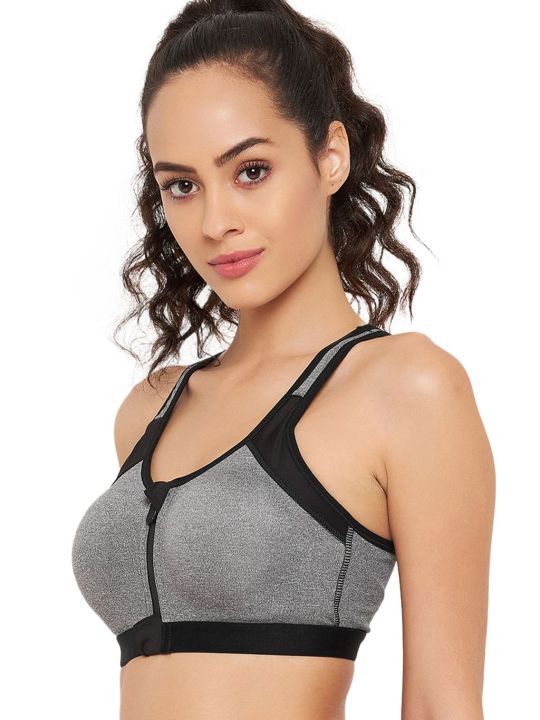 High Impact Lightly Padded Spacer Cup Active Sports Bra in Light Grey with Front Zipper