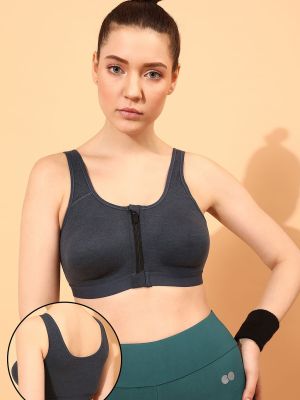 High Impact Lightly Padded Spacer Cup Active Sports Bra in Navy with Front Zipper - Cotton