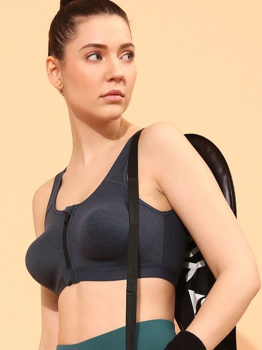 High Impact Lightly Padded Spacer Cup Active Sports Bra in Navy with Front Zipper - Cotton
