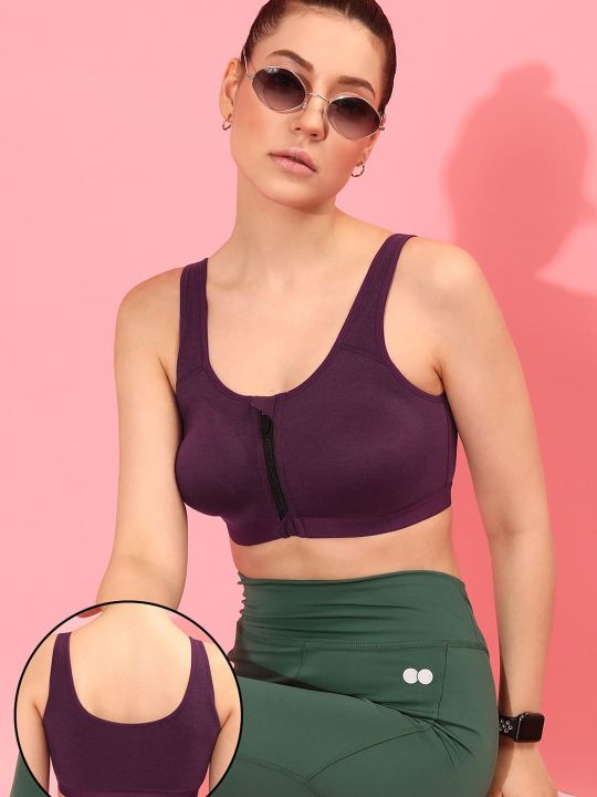 High Impact Lightly Padded Spacer Cup Active Sports Bra in Wine Colour with Front Zipper - Cotton