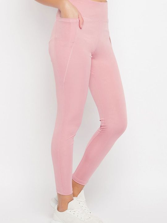 High-Rise Ankle-Length Active Tights in Baby Pink with Side Pocket