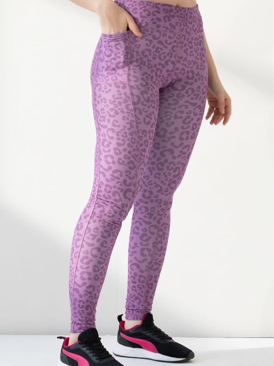 High-Rise Ankle-Length Animal Print Active Tights in Lilac with Side Pockets
