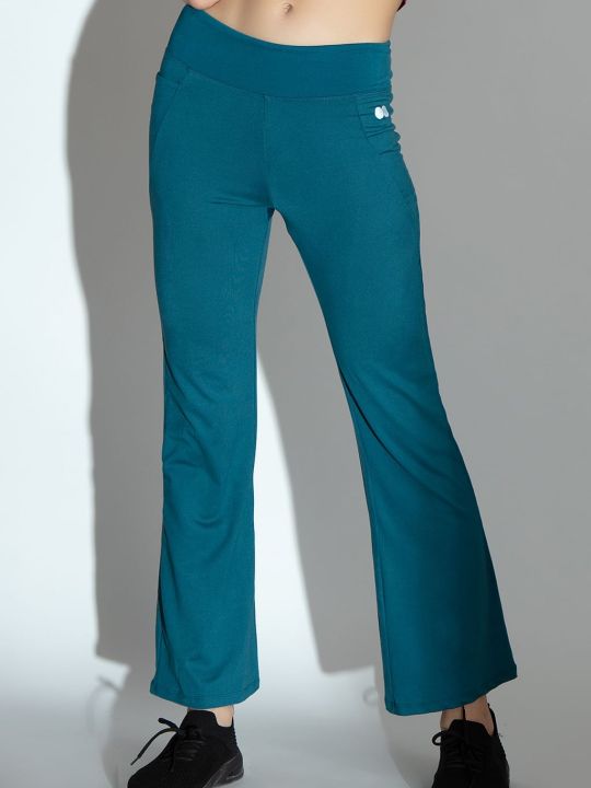 High Waist Flared Yoga Pants in Teal Green with Sides Pockets