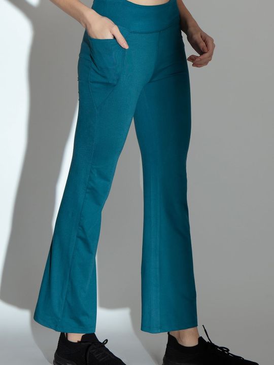 High Waist Flared Yoga Pants in Teal Green with Sides Pockets