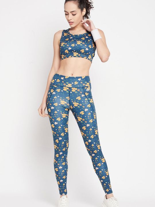 Medium Impact Padded Floral Print Sports Bra & Snug Fit High-Rise Floral Print Tights in Navy