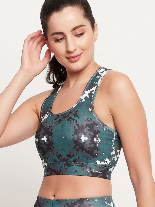 Medium Impact Padded Non-Wired Printed Sports Bra in Dark Green with Removable Cups