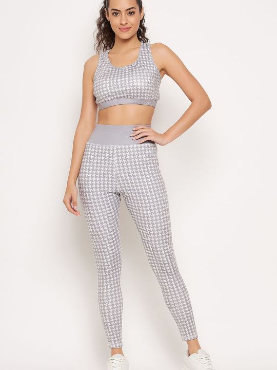 Medium Impact Padded Sports Bra & Snug Fit High Rise Tights in Grey with Houndstooth Print