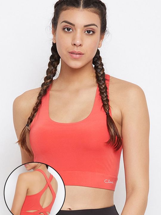 Medium Impact Padded Sports Bra with Racerback Design in Coral Red
