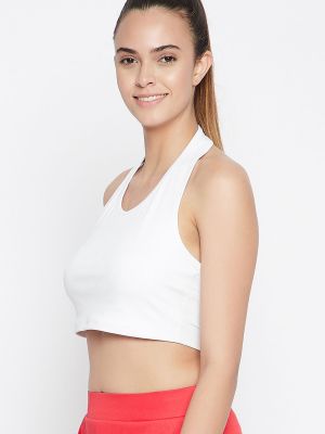 Padded Active Crop Top in White with Halter Neck