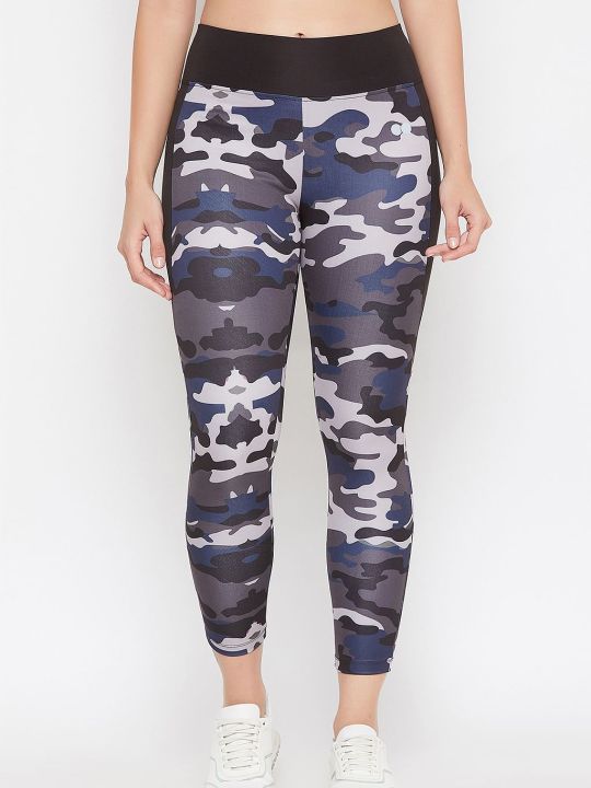 Snug Fit Active Camouflage Print Ankle-Length Tights in Grey