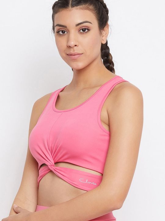 Snug Fit Active Crop Top with Twist Knot in Baby Pink