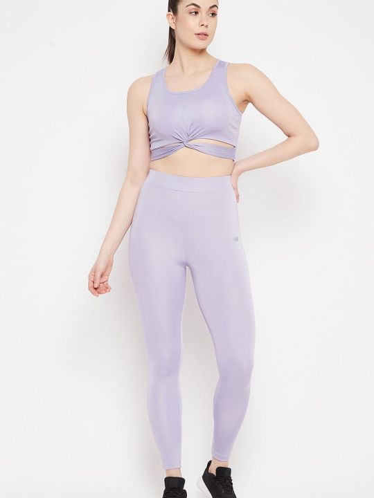 Snug Fit Active Crop Top with Twisted Knot & High-Waist Tights in Lilac