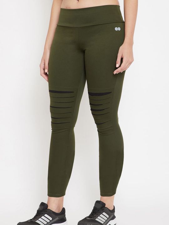 Snug Fit Active Ripped Tights in Olive Green