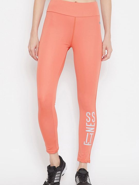 Snug Fit Active Text-Print Ankle-Length Tights in Coral Orange