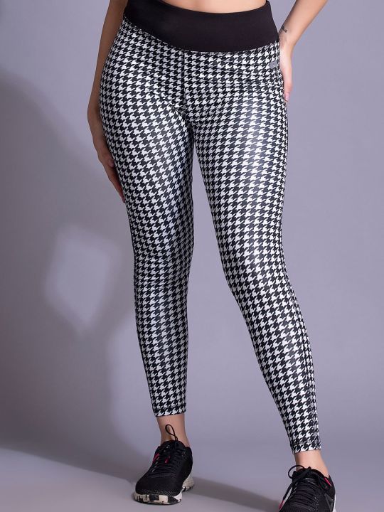 Snug-Fit Ankle-Length High-Rise Houndstooth Print Active Tights in Black