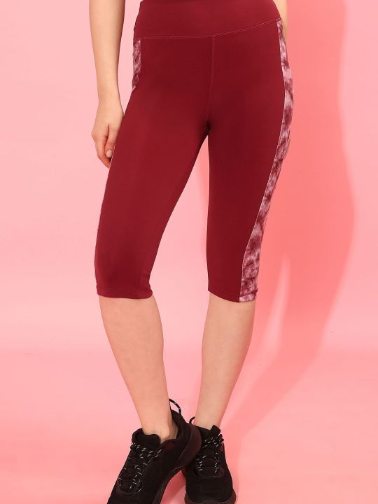 Snug Fit High-Rise Active Capri in Maroon with Printed Panels