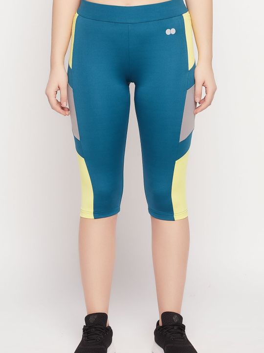 Snug Fit High-Rise Active Capri in Teal Blue with Coloured Panels & Side Pockets