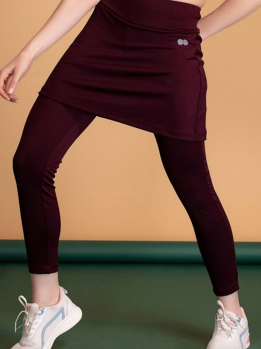 Snug-Fit High Rise Active Skirt with Attached Tights in Plum Colour