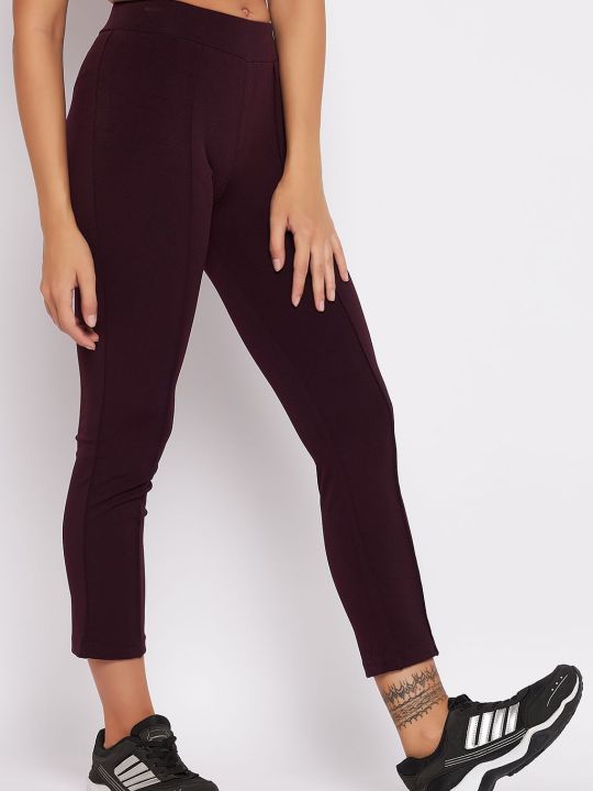 Snug Fit High-Rise Active Straight Pants in Plum Colour