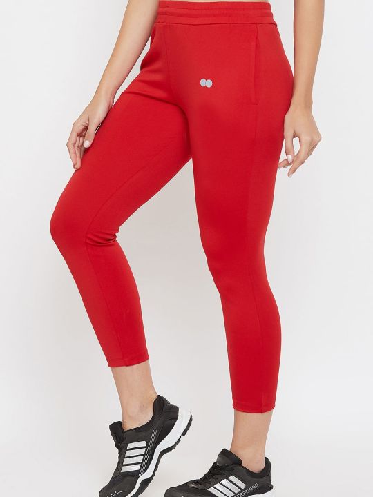 Snug Fit High Rise Active Tights in Red with Side Pockets