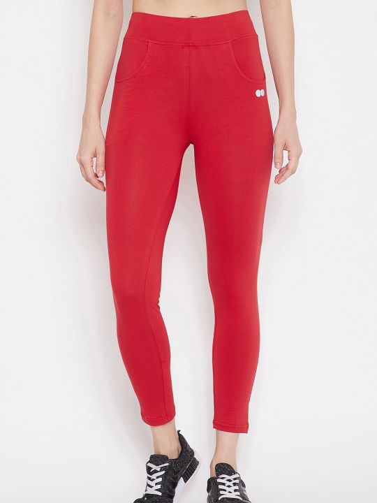 Snug Fit High Rise Active Tights in Red with Side Pockets