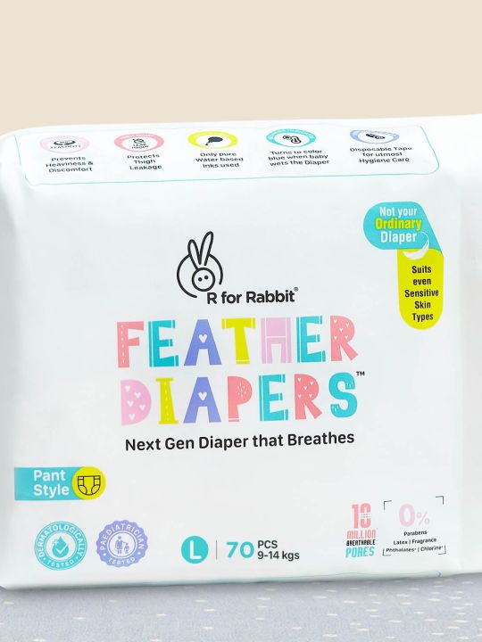 R for Rabbit Large L Size Premium Feather Diaper for Baby 9 to 14 kgs (70 Pack Offer)